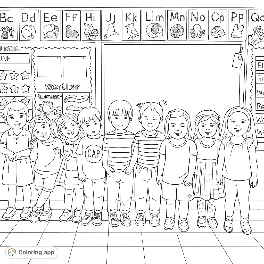 A cheerful group of diverse children lined up in a vibrant classroom, ready for a fun day of learning. A free printable classroom coloring page.