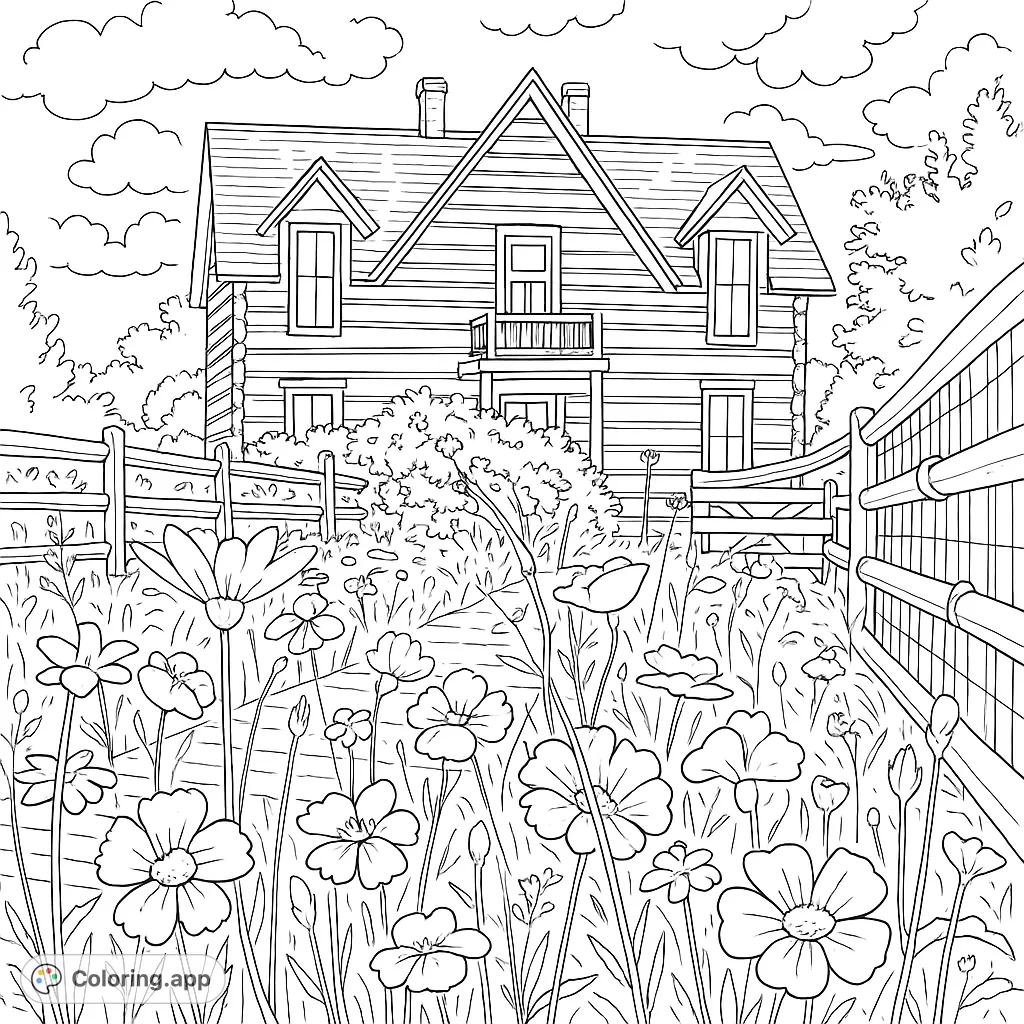 A charming farmhouse stands behind a vibrant wildflower meadow, inviting you to color a serene countryside scene. Perfect for nature lovers!