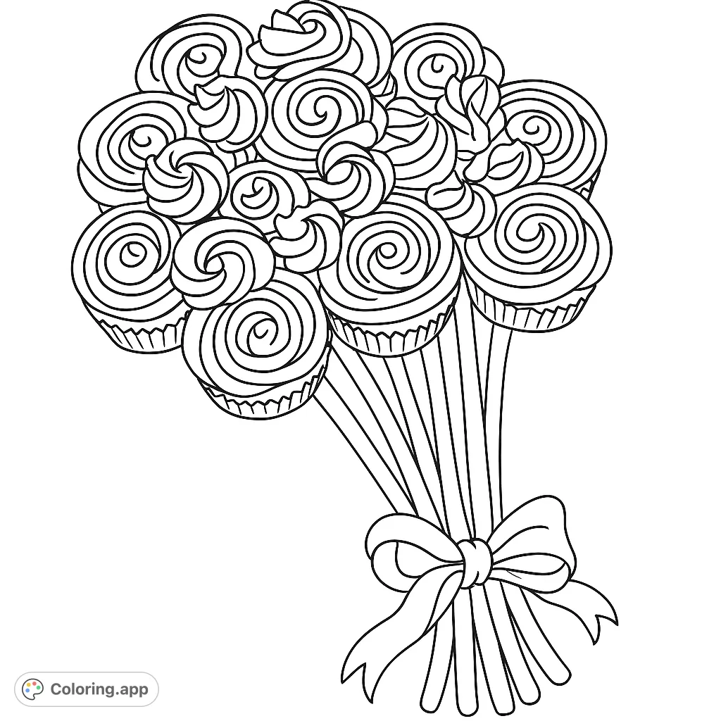 A delightful cupcake bouquet coloring page with swirled frosting and a charming bow. Free printable dessert coloring page for kids and adults.