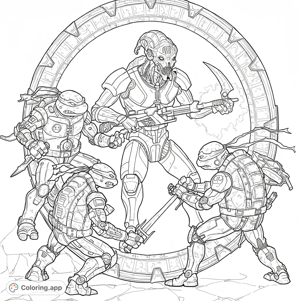 Epic sci-fi battle featuring armored turtle heroes confronting a formidable alien robot before a mysterious portal. Action-packed and detailed.