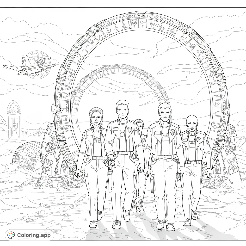 A team of explorers emerges from a grand, ancient gateway on an alien world, with futuristic structures and a spacecraft in the distance. A captivating sci-fi coloring page.