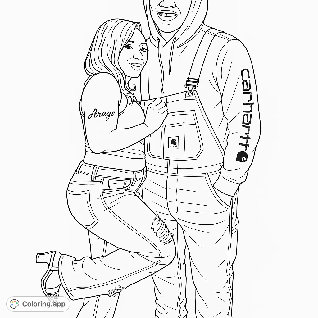A charming couple in casual attire, embracing with smiles. Perfect for personalizing with vibrant colors and celebrating connection.