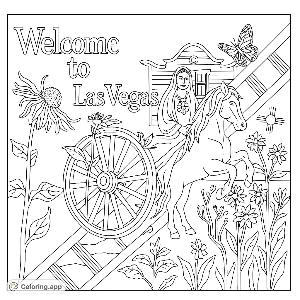 A captivating desert scene featuring a woman on a rearing horse, a wagon wheel, and vibrant wildflowers. Perfect for a relaxing coloring experience.