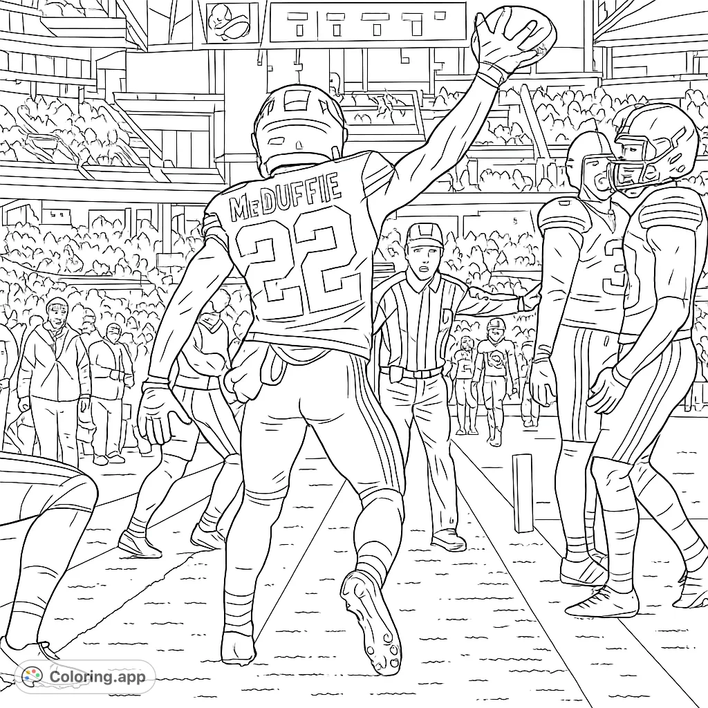 Celebrate victory with this dynamic football coloring page! A player scores a touchdown in a stadium, perfect for sports fans.