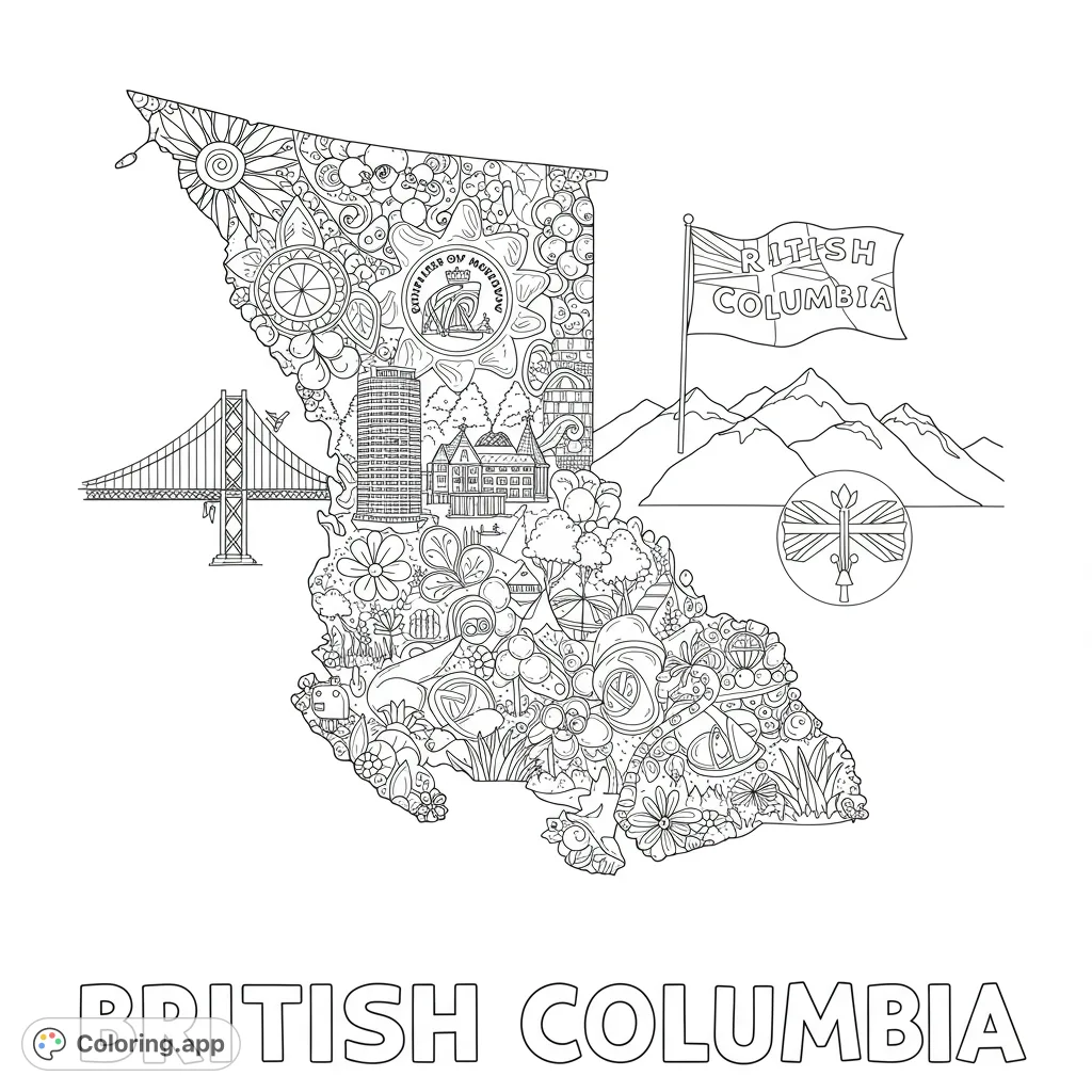 Explore British Columbia's iconic landmarks and natural beauty within a detailed map outline. A free printable British Columbia coloring page for all ages.