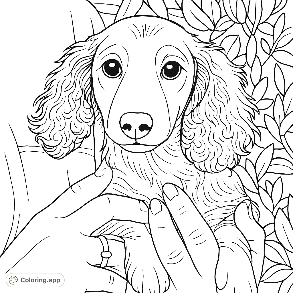 An adorable long-haired puppy held gently in loving hands, set against a soft floral background. A heartwarming scene perfect for animal lovers.