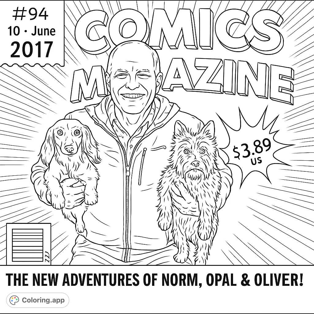 A smiling man with his two beloved dogs on a dynamic comic book cover, ready for your creative touch.