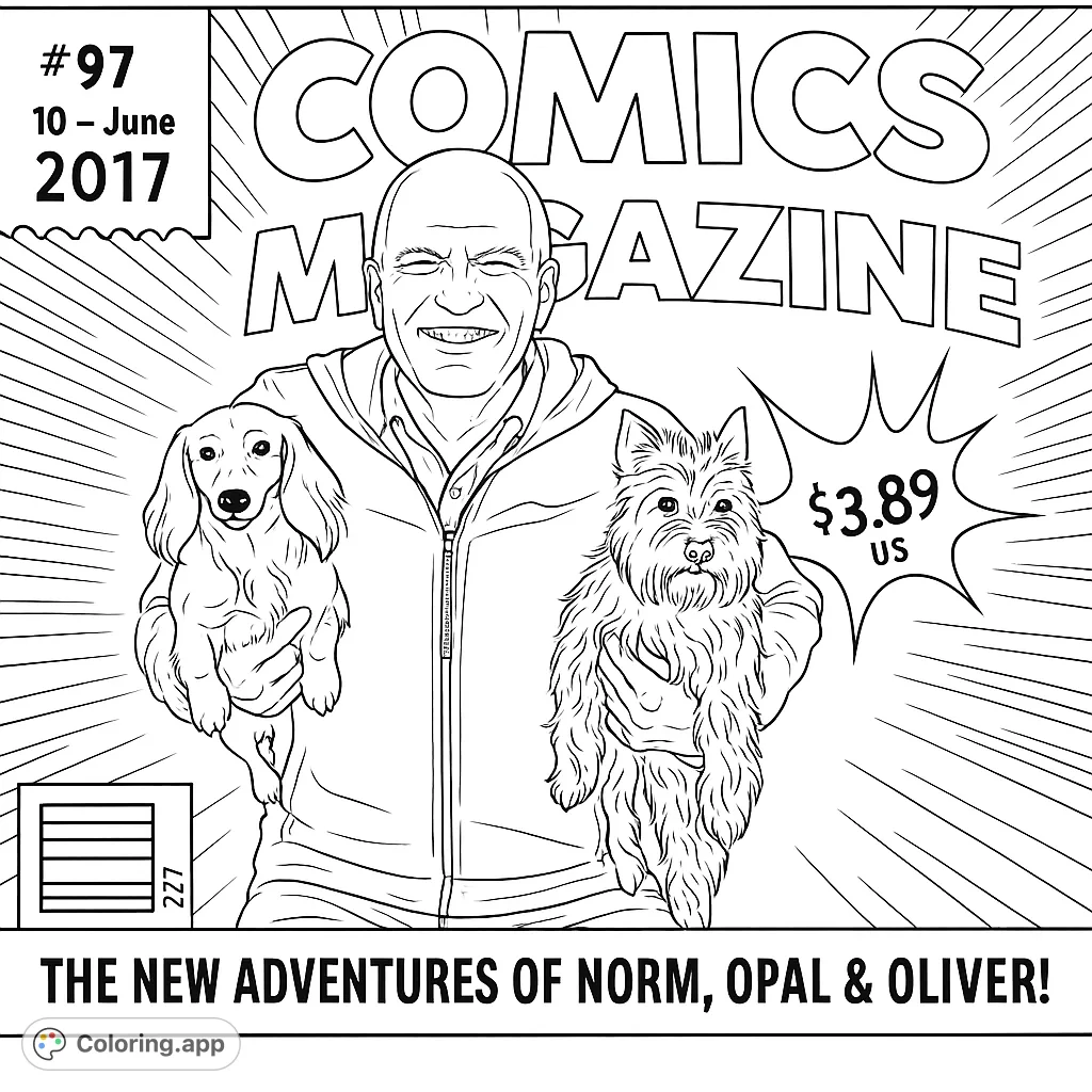 A smiling man holds two beloved dogs on a dynamic comic book cover, ready for a colorful adventure. A fun, free printable coloring page!