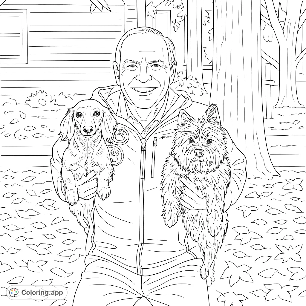 A heartwarming scene featuring a smiling man holding his two beloved canine companions, set outdoors with fallen leaves.
