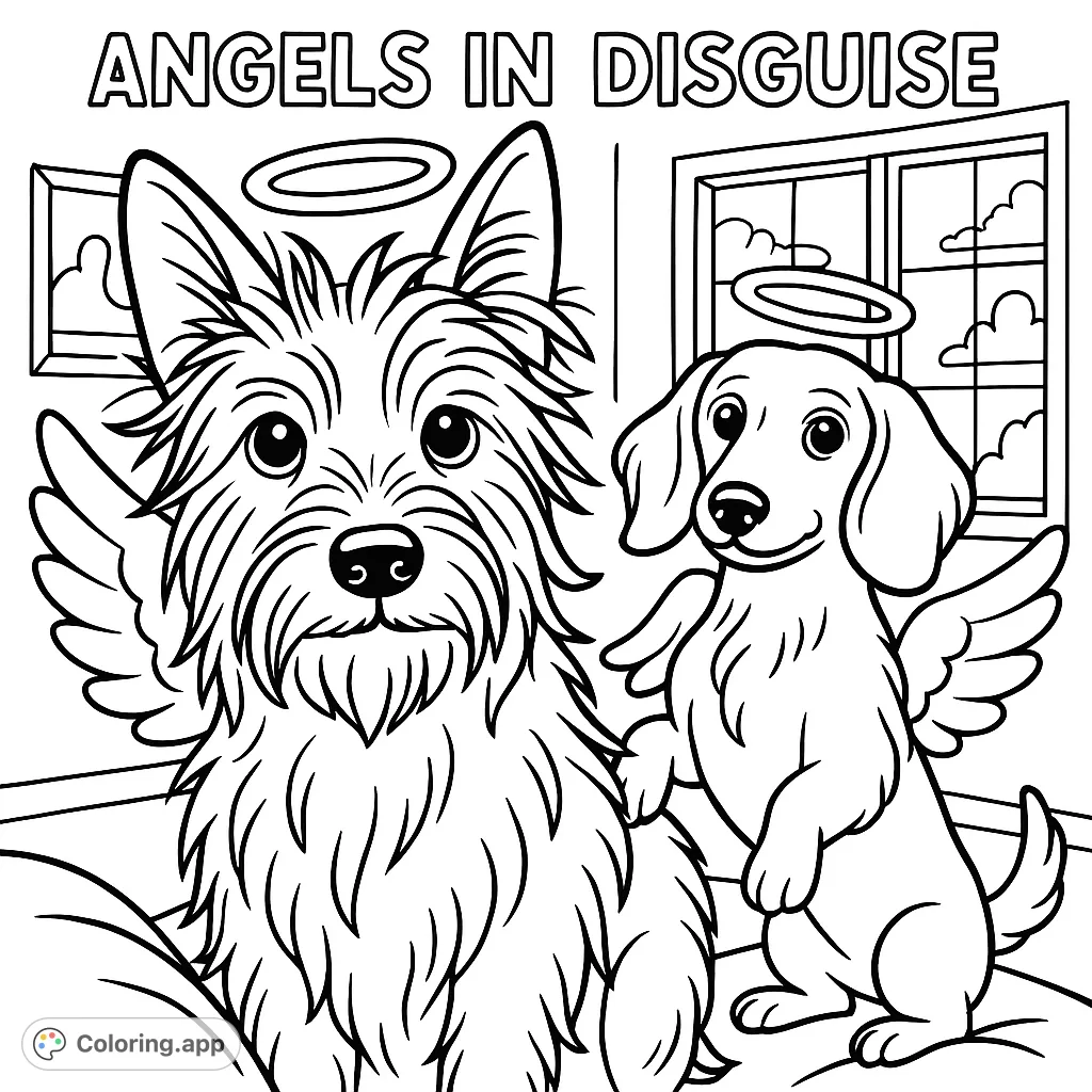 A charming coloring page featuring two adorable dogs, a shaggy terrier and a smooth dachshund, in a playful indoor scene. Perfect for pet lovers.