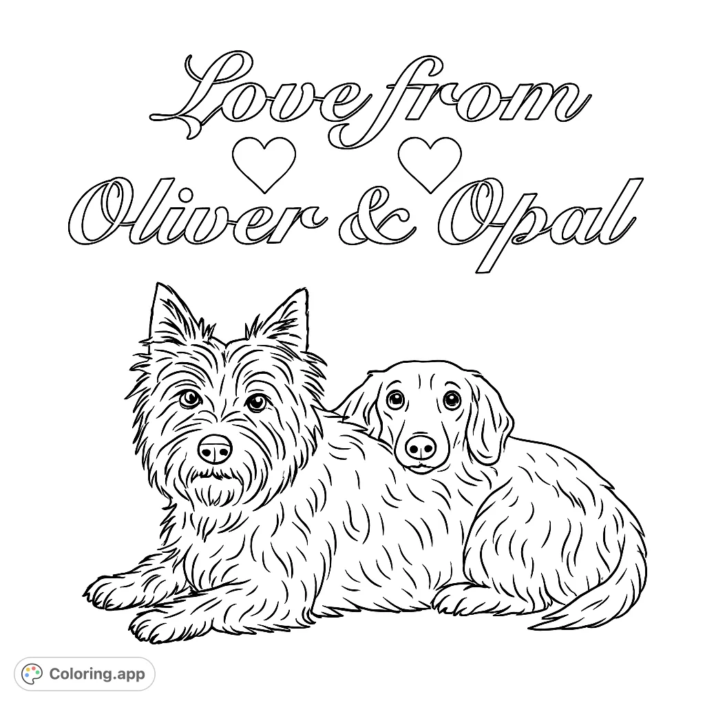 Adorable Westie and Dachshund duo, a free printable dog coloring page perfect for pet lovers of all ages. Features detailed fur textures.