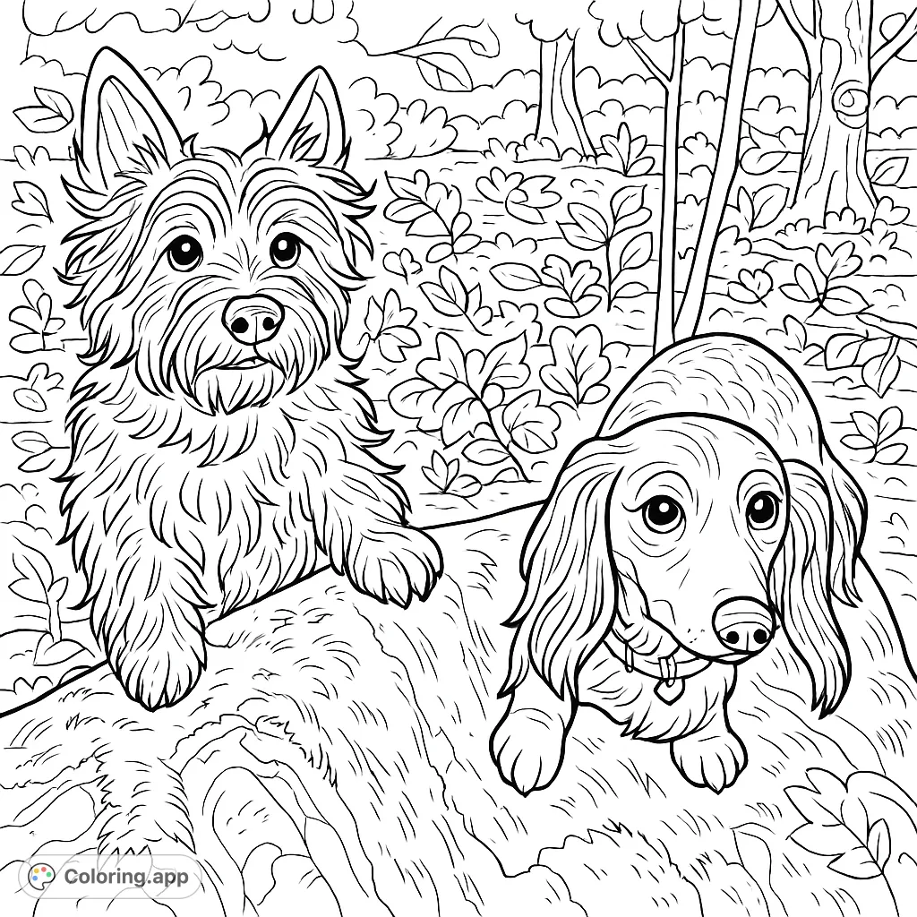 A whimsical coloring page featuring two playful dogs, a scruffy terrier and a long-haired dachshund, posing on a mossy rock in a detailed forest setting.