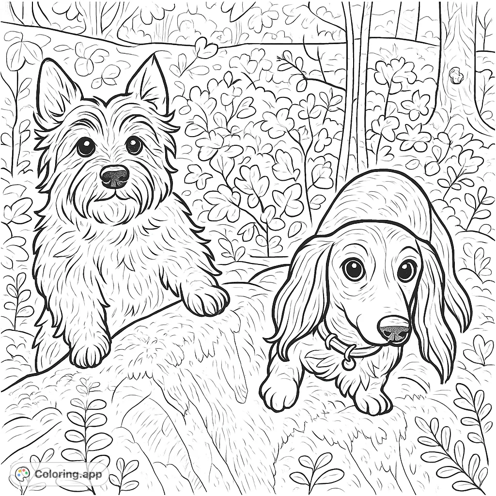 A whimsical woodland scene featuring two playful dog friends posing on a mossy rock. Perfect for a fun, detailed coloring adventure for all ages.