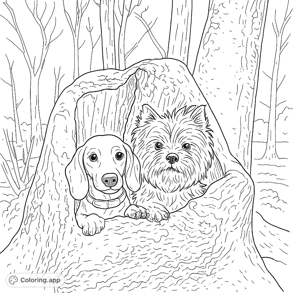 Two adorable dogs, a dachshund and a fluffy terrier, peek from a cozy tree stump in a woodland setting. A charming free printable dog coloring page.