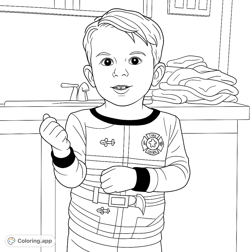 Adorable boy in firefighter pajamas, ready for adventure! A free printable coloring page for young heroes and aspiring firefighters.