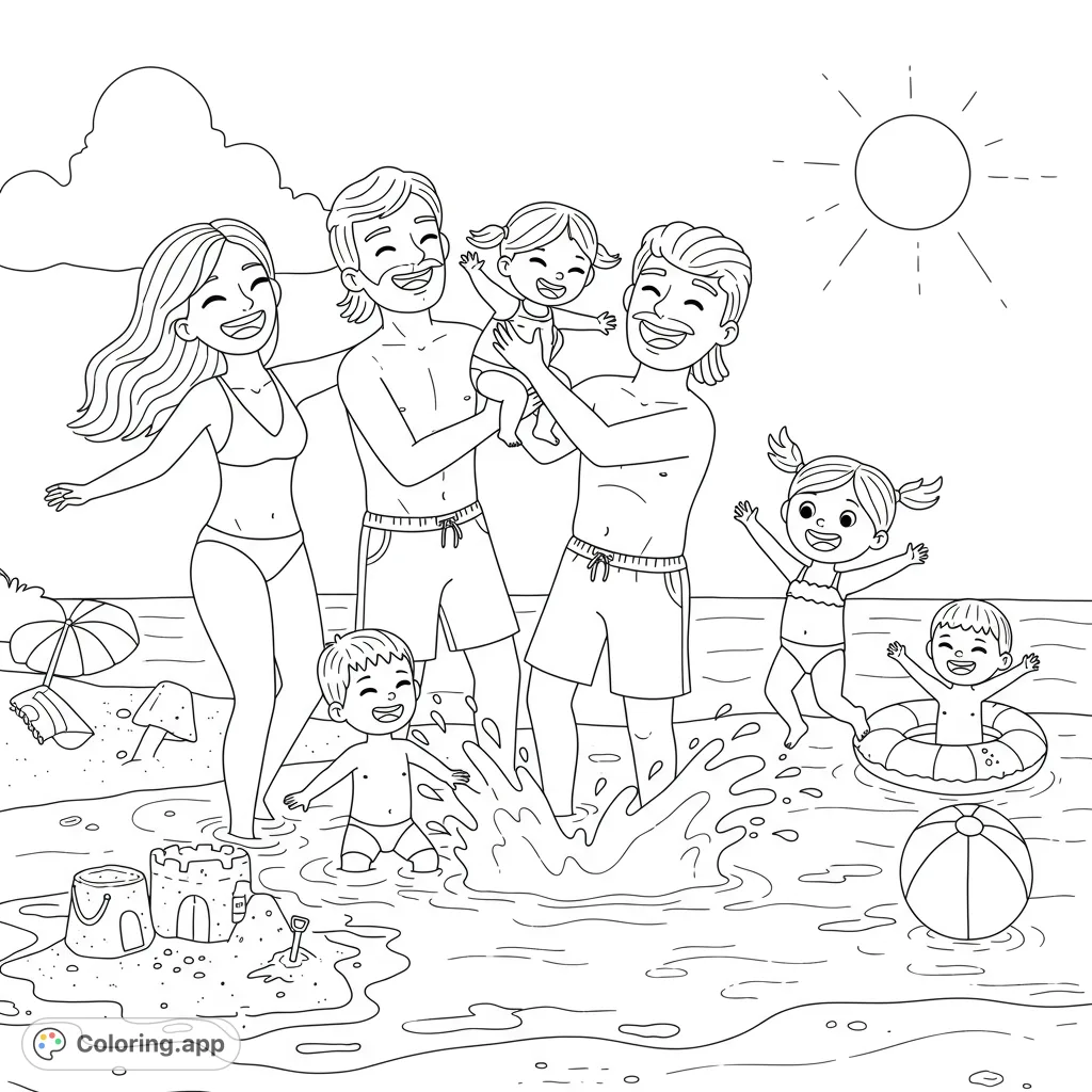 A joyful family of six splashes and plays at the beach, featuring a sandcastle, sun, and happy faces. Perfect for a summer coloring page.