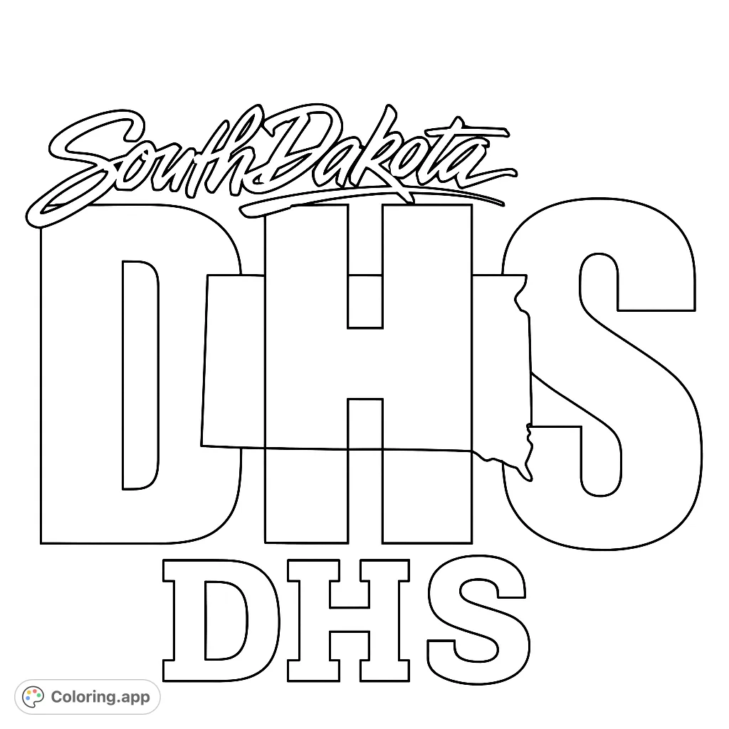 A bold South Dakota state outline with prominent DHS letters, perfect for state pride coloring. Free printable for all ages.