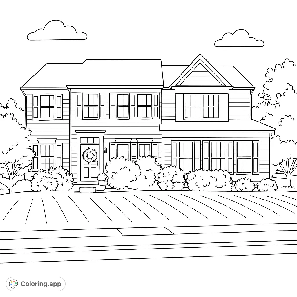 Color a charming suburban house with a welcoming wreath, lush bushes, and trees. A perfect free printable home coloring page for all ages.