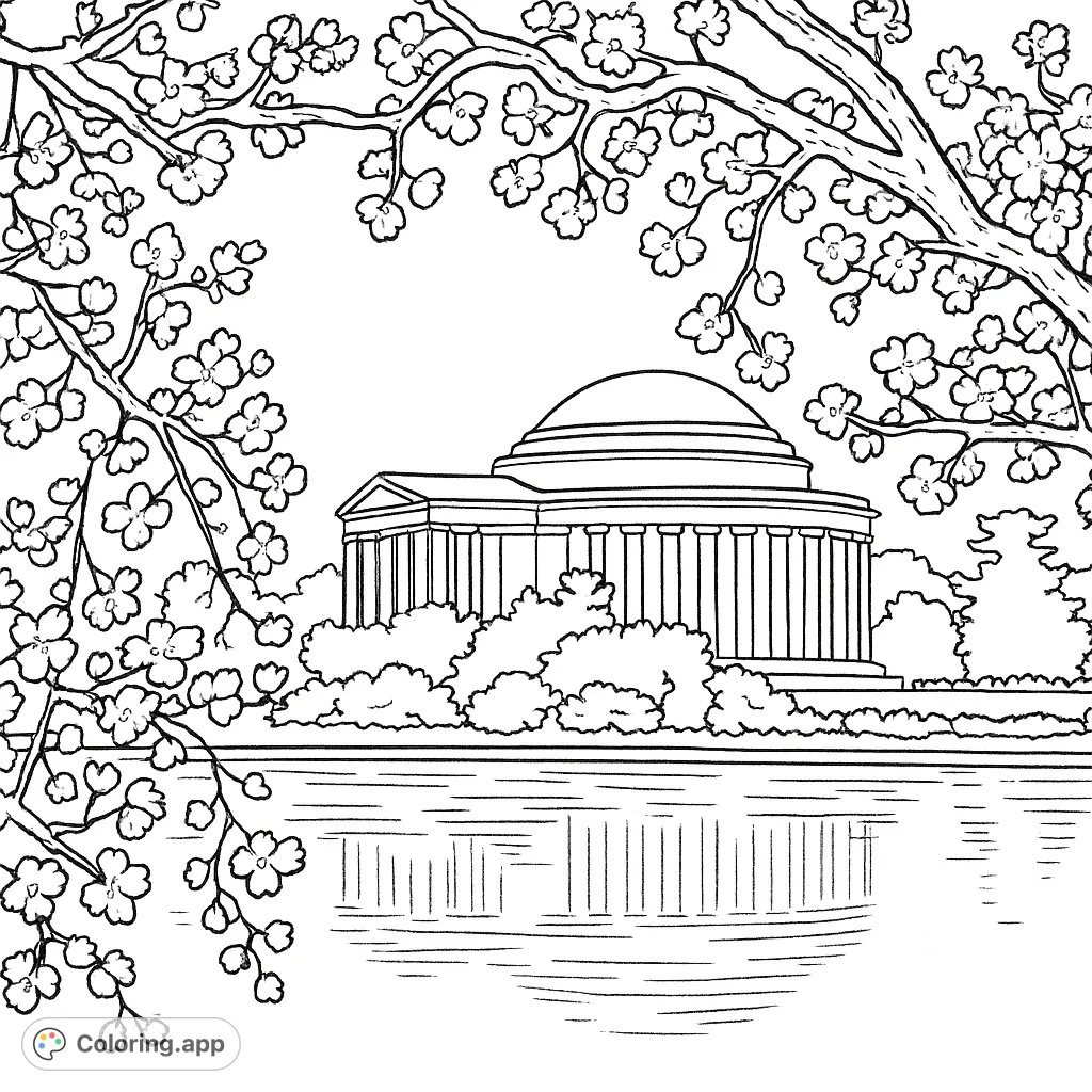 A beautiful Jefferson Memorial coloring page framed by delicate cherry blossoms over the Tidal Basin. A free printable coloring page for all ages.