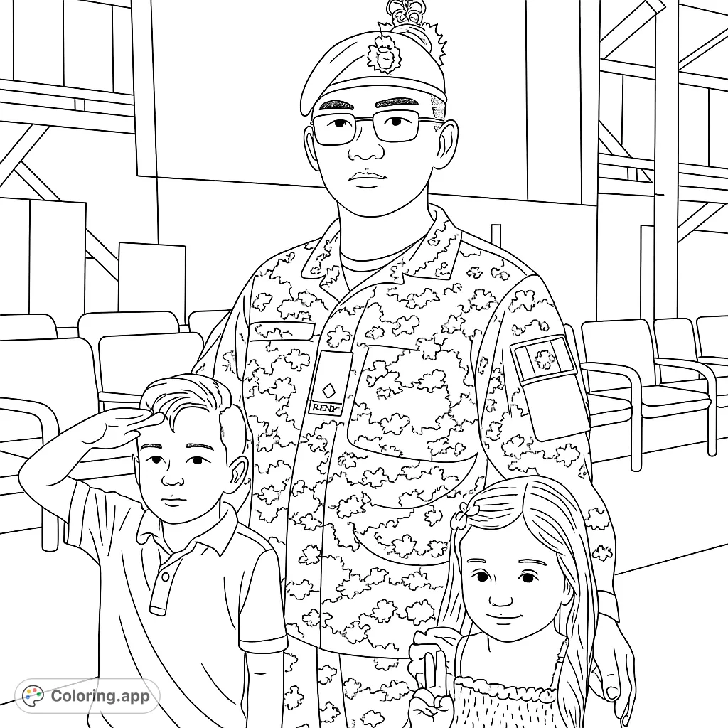 Heartwarming military family portrait coloring page. A soldier with two children, perfect for honoring service and family bonds.