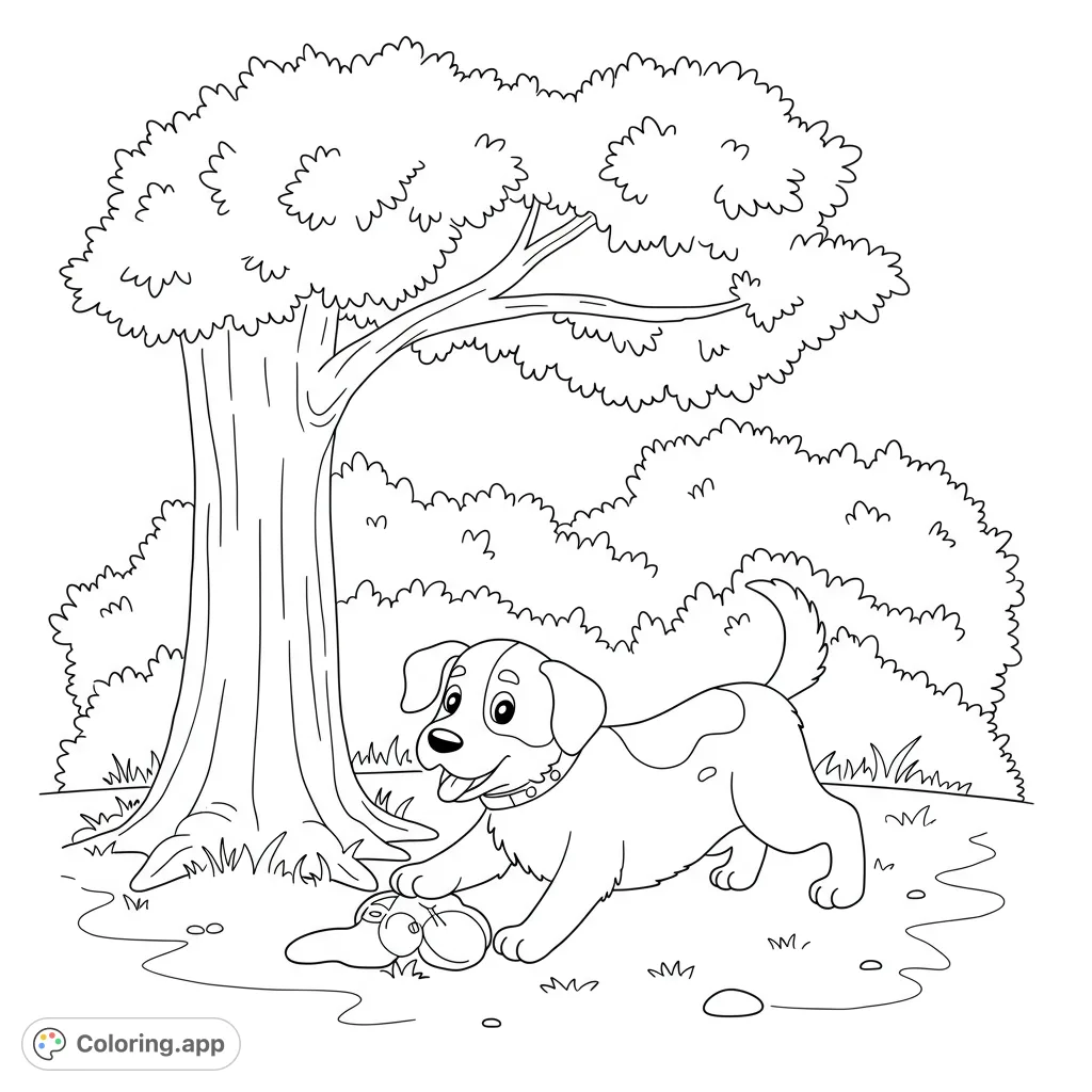 A cheerful dog plays with its toy under a big tree, surrounded by bushes. A delightful free printable dog coloring page for kids and adults.