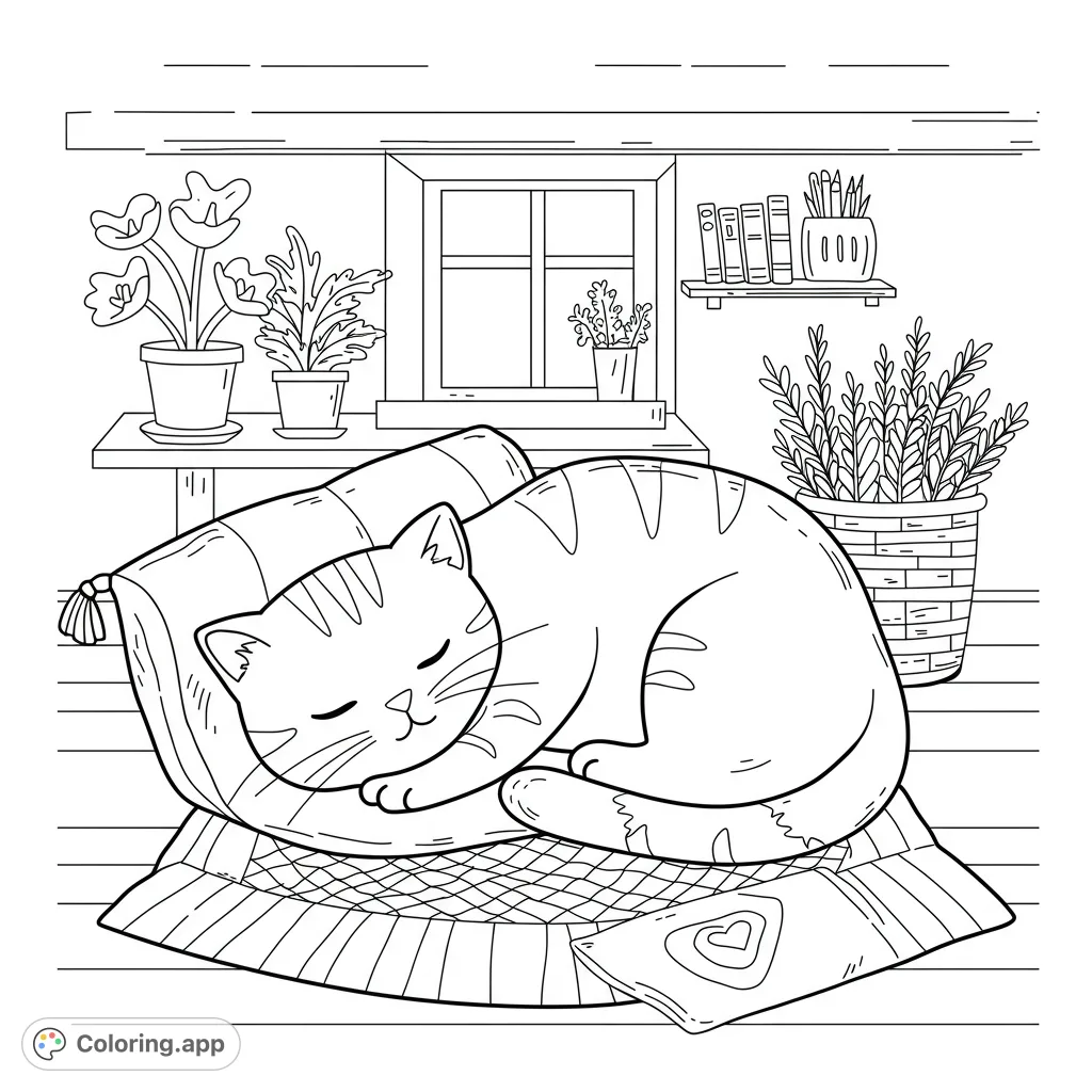 A cozy scene featuring a sleeping cat on a soft pillow, surrounded by potted plants, a window, and books. Perfect for relaxation and creativity.