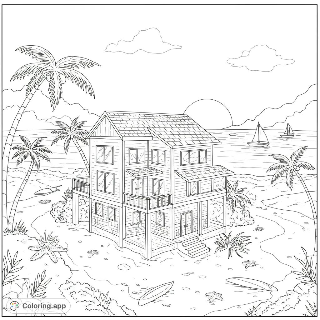 Escape to a serene tropical beach house with palm trees, ocean waves, and sailboats. A detailed free printable beach coloring page for all ages.