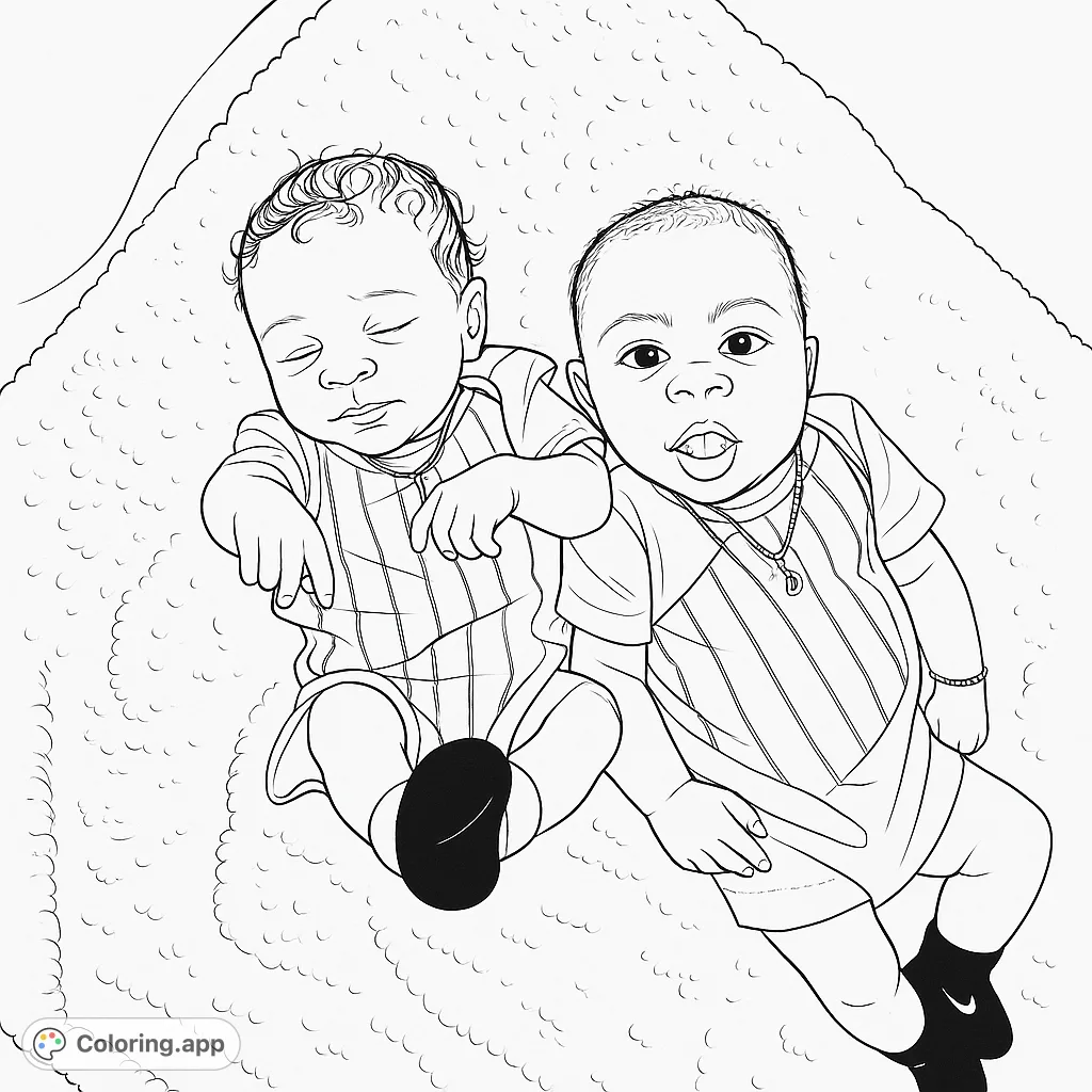An adorable baby coloring page featuring two infants, one sleeping peacefully, the other awake and curious, resting on a soft, textured blanket.