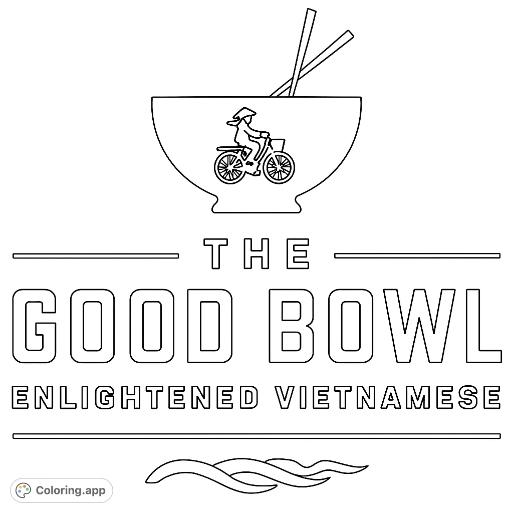 Color a unique Vietnamese-inspired scene: a person on a bicycle inside a bowl with chopsticks. A free printable cultural coloring page.
