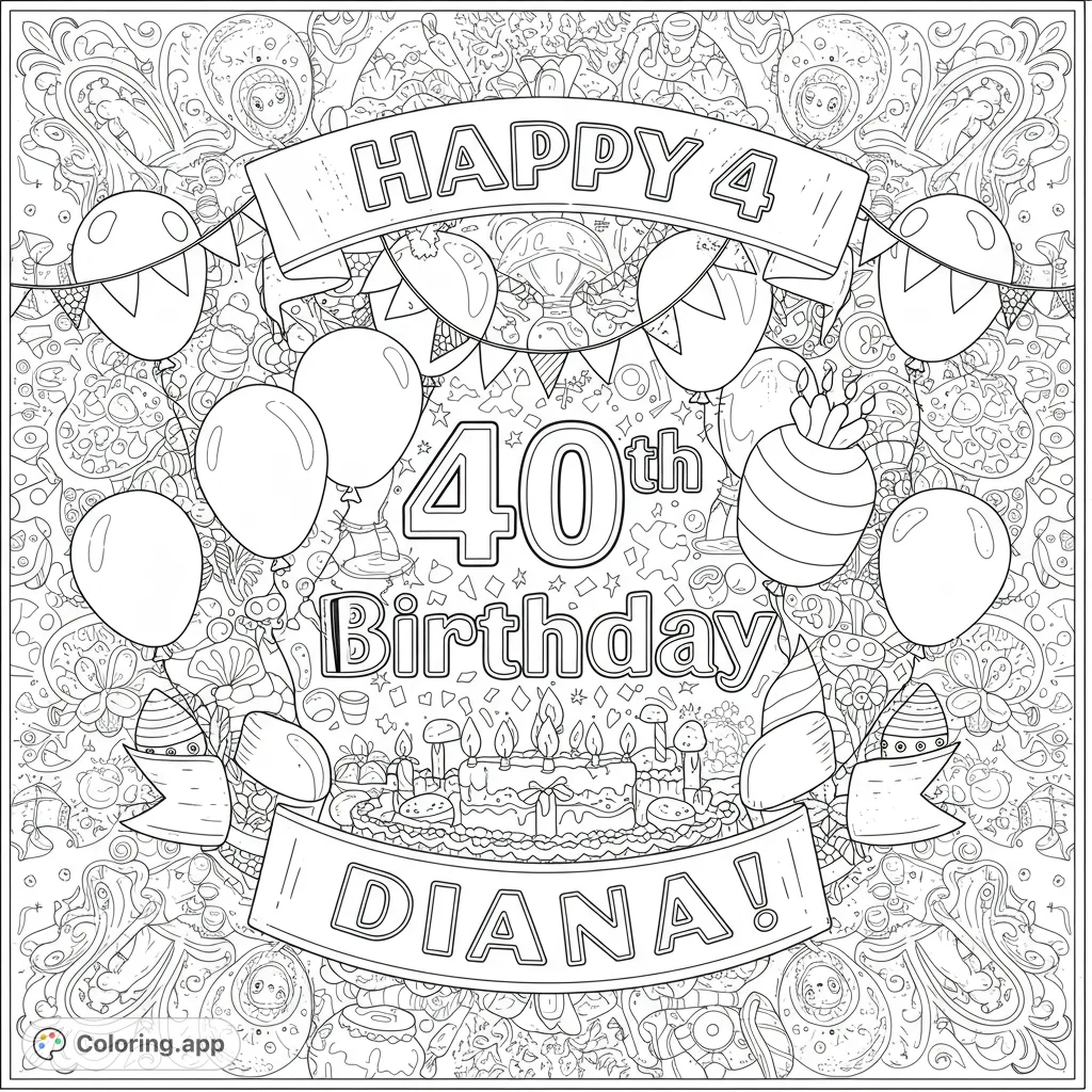 Celebrate a milestone with this intricate 40th Birthday coloring page! Features balloons, cake, and a detailed doodle background for hours of creative fun.