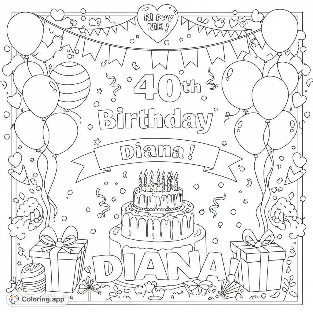 A festive birthday coloring page featuring a tiered cake, balloons, gifts, and confetti, perfect for celebrating special moments.