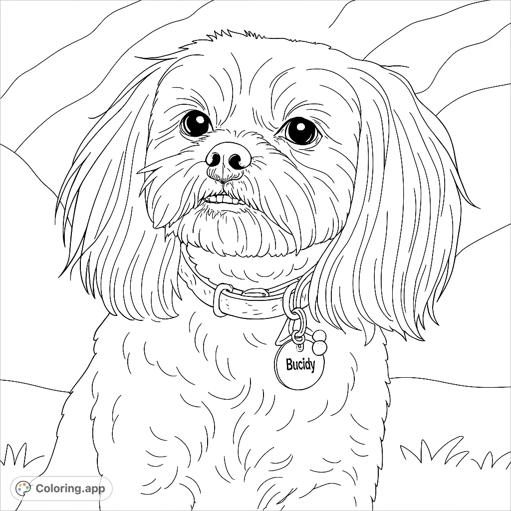 An adorable fluffy dog with a collar, ready for vibrant colors. This charming pet coloring page is perfect for dog lovers of all ages.