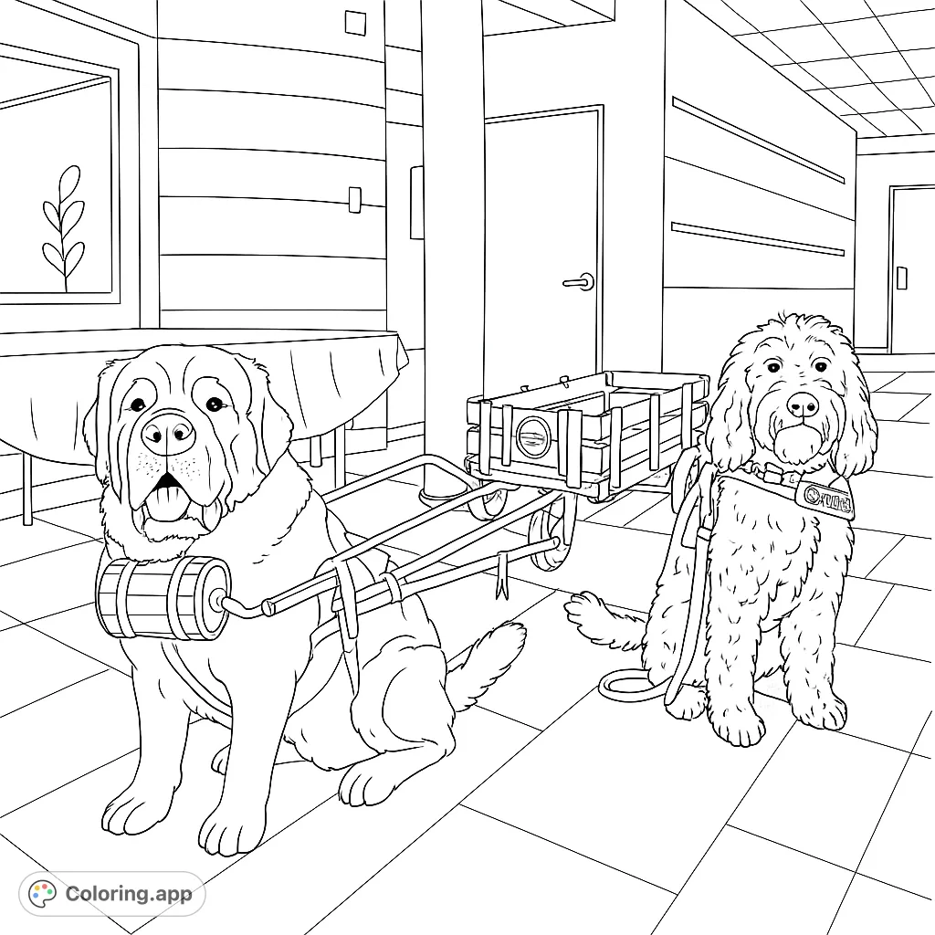 A heartwarming free printable dog coloring page featuring two adorable canine companions, one with a wagon, in a cozy indoor setting. Perfect for kids and adults.