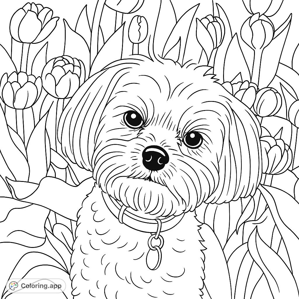 Adorable fluffy dog peeking from a vibrant tulip garden. A charming free printable dog coloring page for kids and adults.