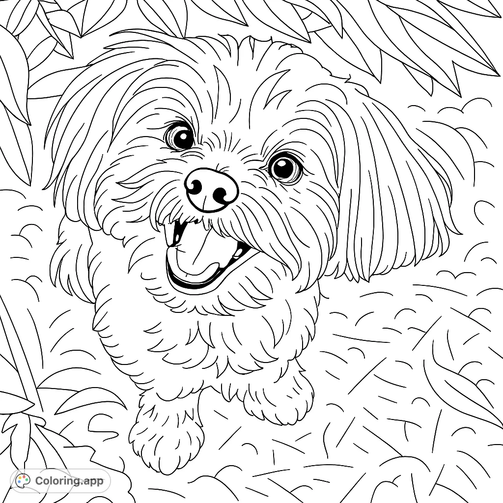 A delightful fluffy dog with a happy smile, surrounded by nature. Perfect for a relaxing and charming coloring experience.