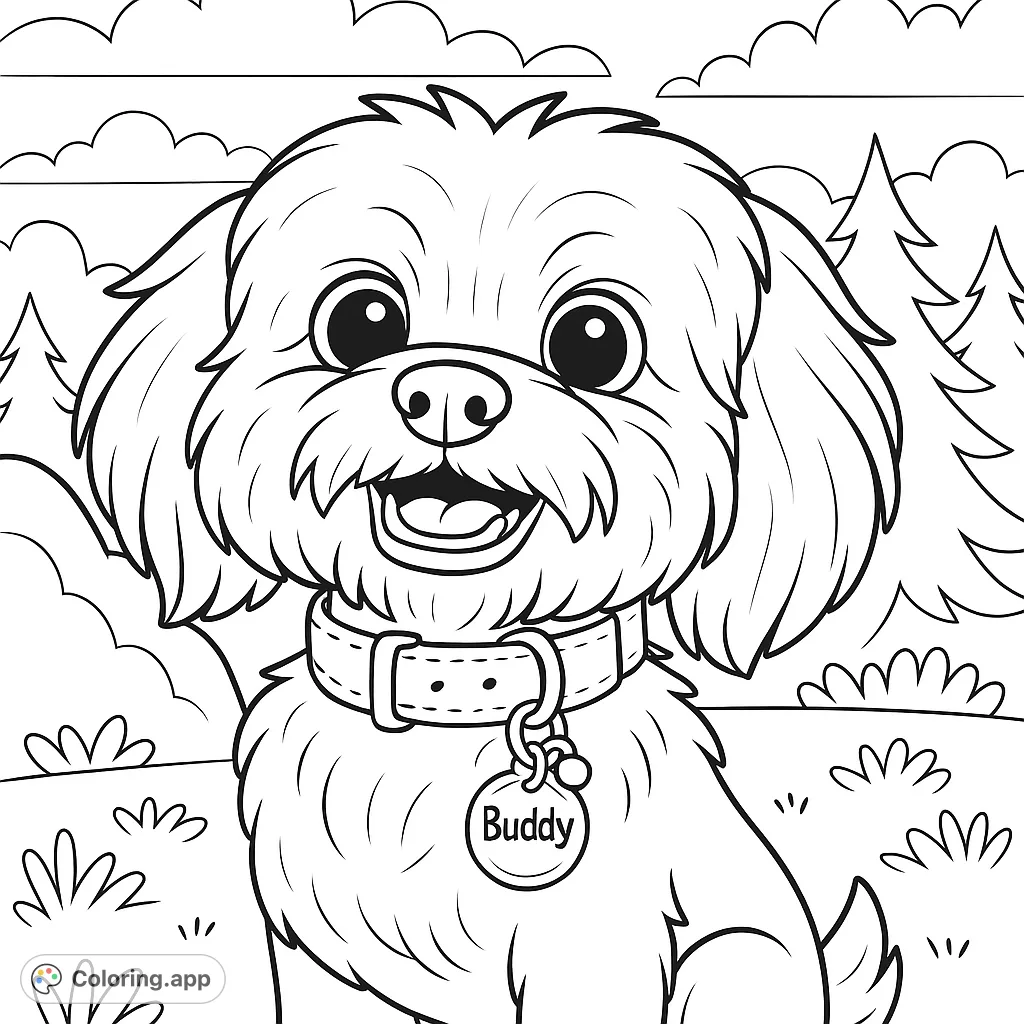 An adorable fluffy puppy with a collar sits happily in a park setting, perfect for a delightful dog coloring page.