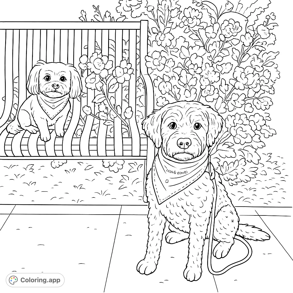 Two adorable dogs, one on a bench and one on the path, in a charming park setting with flowers. A delightful dog coloring page for all ages!