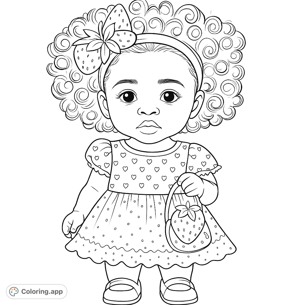 An adorable baby girl with curly hair, a strawberry bow, and a heart-patterned dress holding a strawberry bag. A sweet, free printable coloring page for kids.