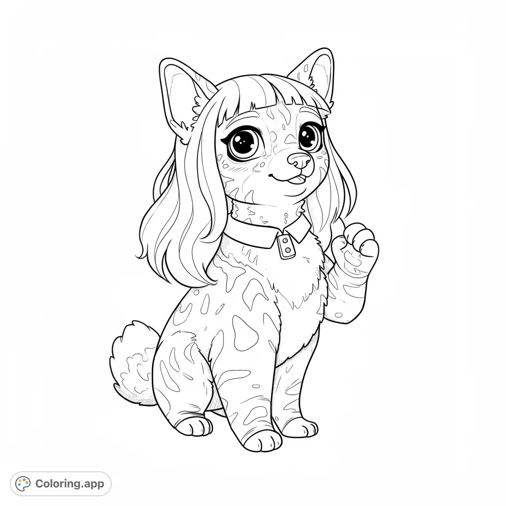 An adorable dog-like creature with wavy hair and a collar, sitting and raising a paw. Perfect for a fun, free printable animal coloring page.