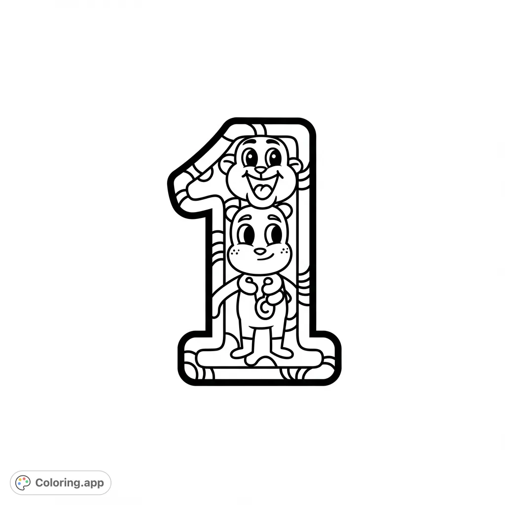 Celebrate the number one with adorable animal friends! A cheerful monkey and sweet bear cub fill this fun, free printable number 1 coloring page for kids.