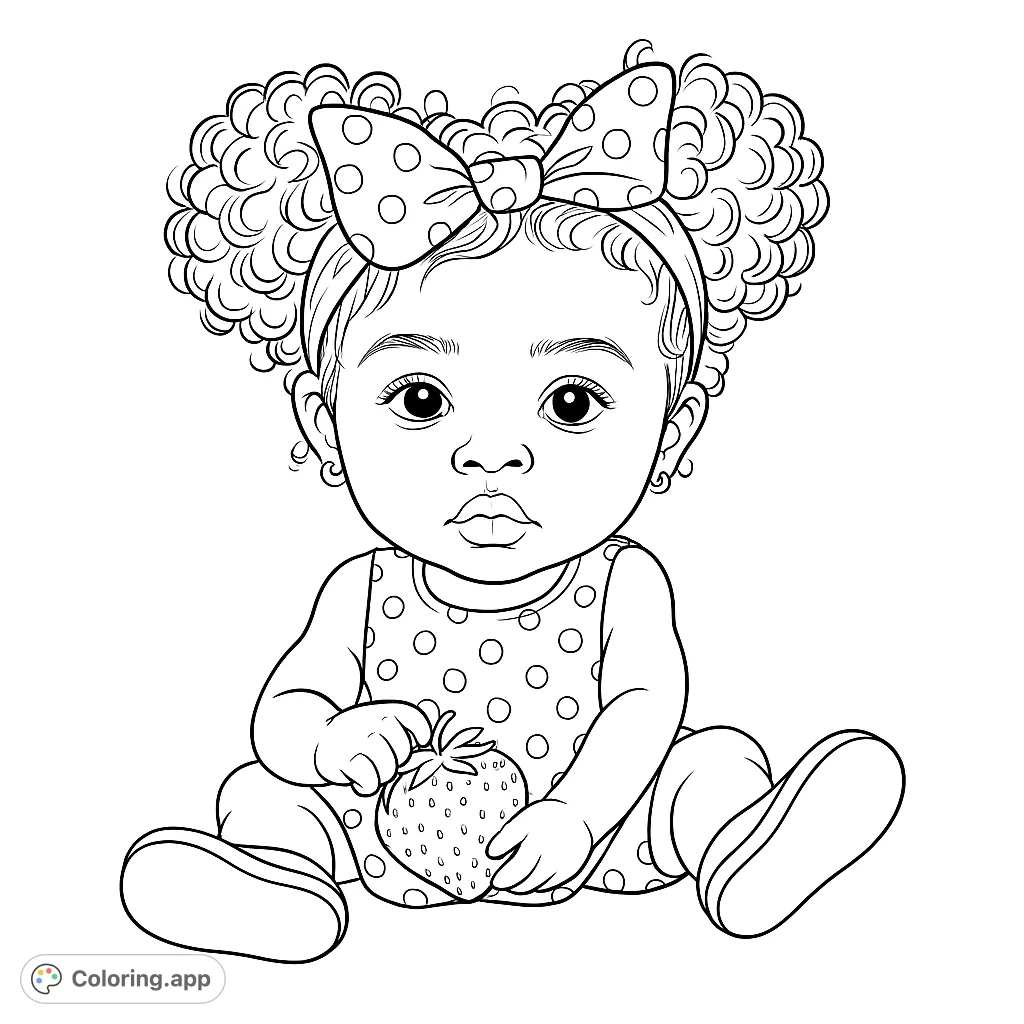 Adorable baby with curly hair and polka-dot bow, holding a strawberry. A charming free printable baby coloring page for all ages.