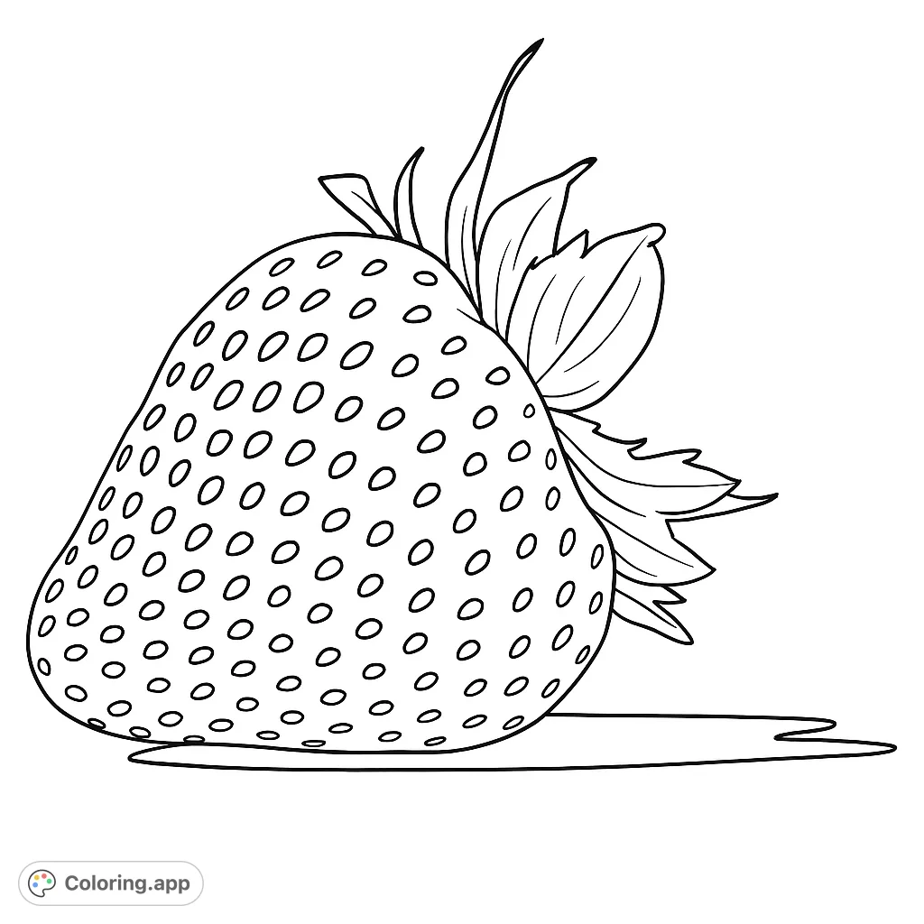 A delightful strawberry coloring page, perfect for all ages. Features a detailed fruit with seeds and leaves, ready for vibrant colors. Free printable.