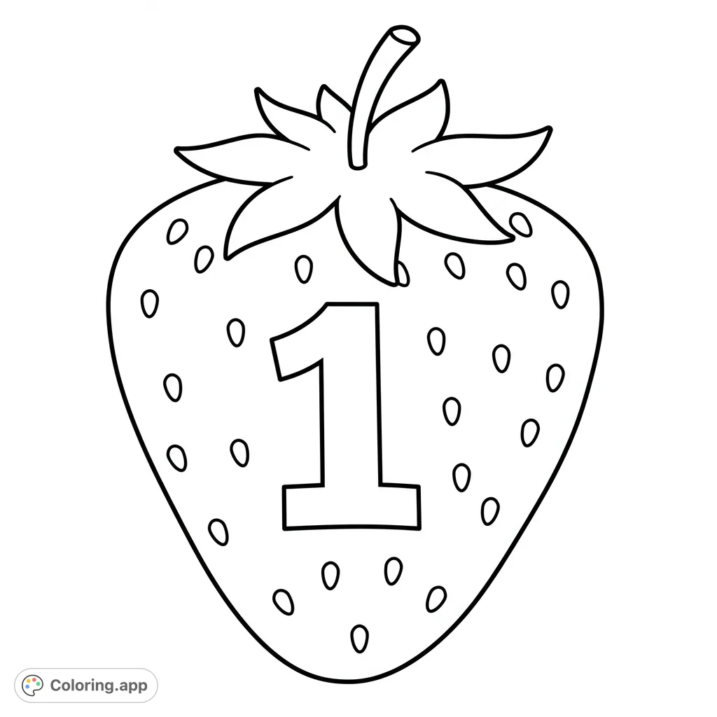 A delightful strawberry coloring page featuring a large, ripe berry with the number '1' prominently displayed. Perfect for learning and fun!