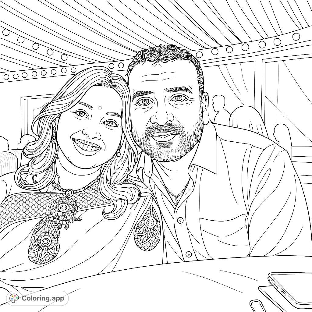 A joyful couple smiles, adorned in traditional attire, against a festive background. Perfect for personalizing with vibrant colors.