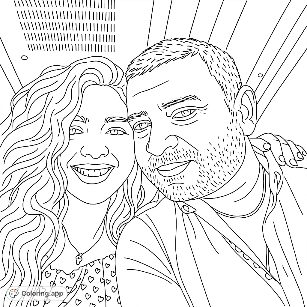 A heartwarming close-up of a smiling couple, perfect for personalizing with vibrant colors. Features intricate hair and clothing details.
