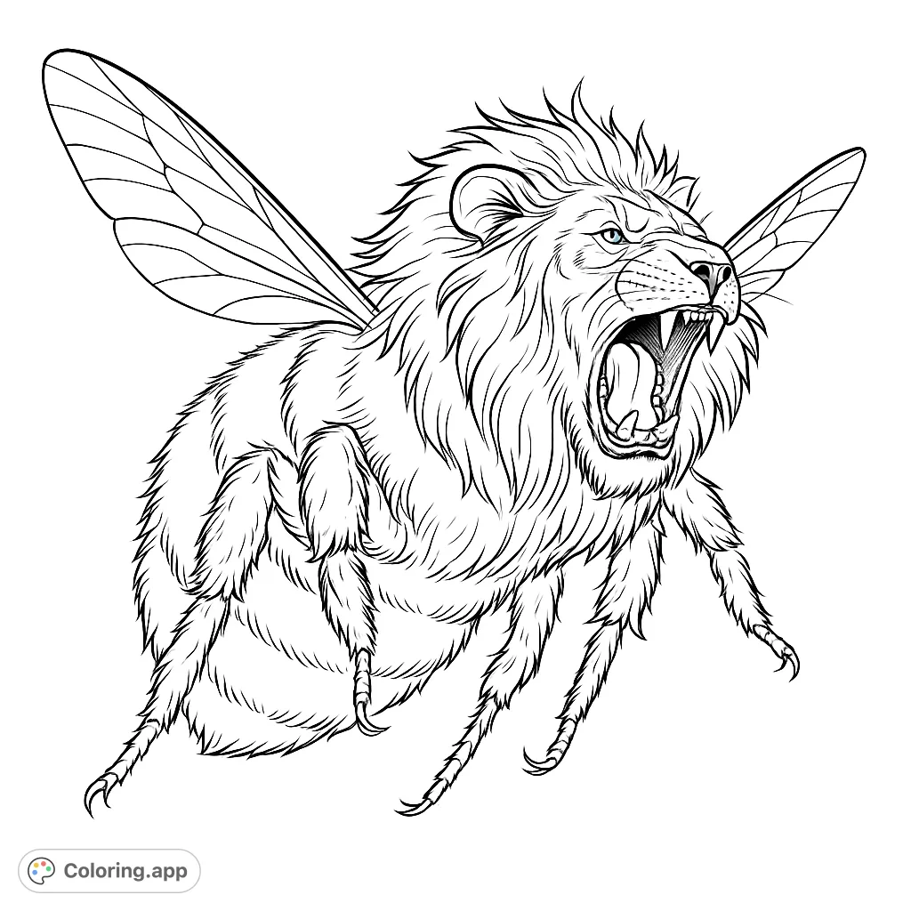 A fierce lion head on a fuzzy bee body with delicate wings and sharp claws. A unique mythical creature coloring page for all ages.
