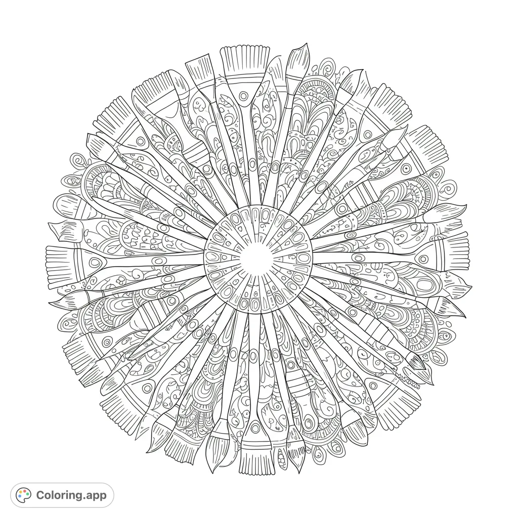 Intricate artistic brush mandala coloring page, perfect for creative minds. Features detailed paintbrushes arranged in a circular pattern.