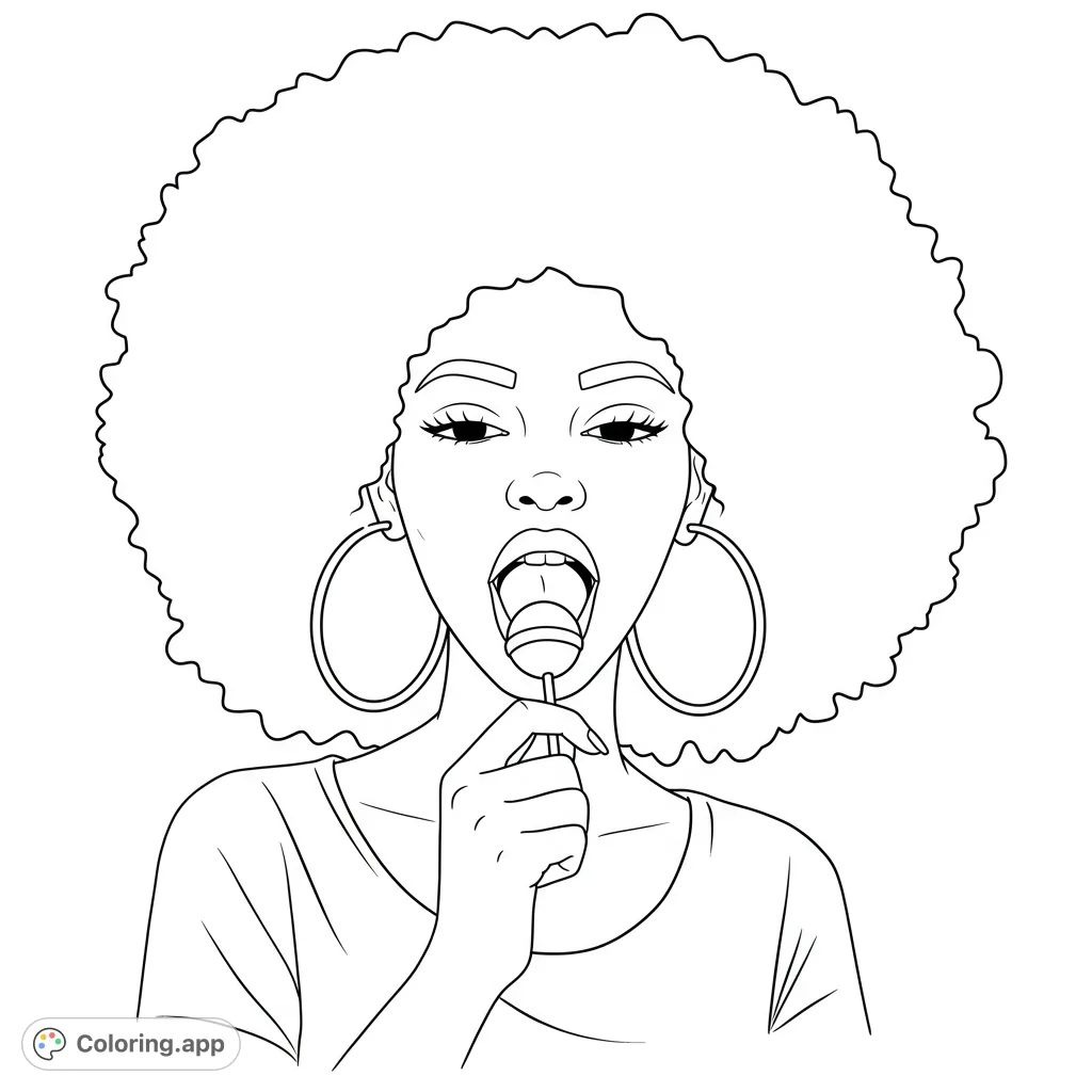Vibrant afro girl with a lollipop, perfect for a fun coloring page. Express creativity with bold colors on her hair, outfit, and sweet treat!