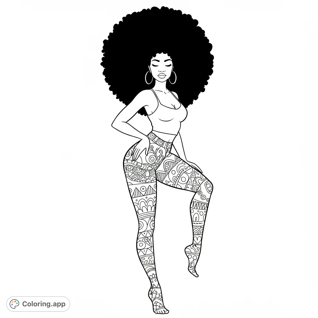 A stylish woman with a voluminous afro and intricately patterned leggings, perfect for creative coloring and celebrating beauty.