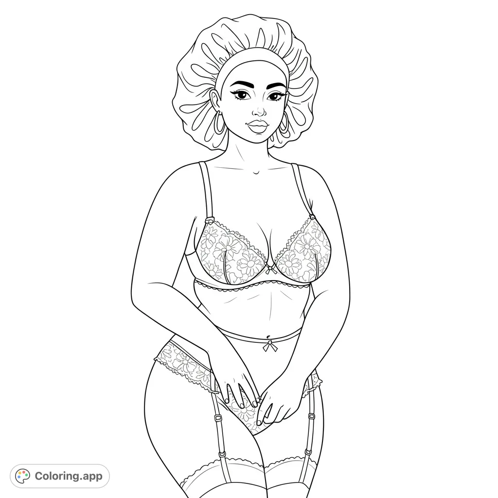 A beautiful, confident plus-size woman in intricate floral lace lingerie and a ruffled bonnet. A free printable body positivity coloring page for adults.